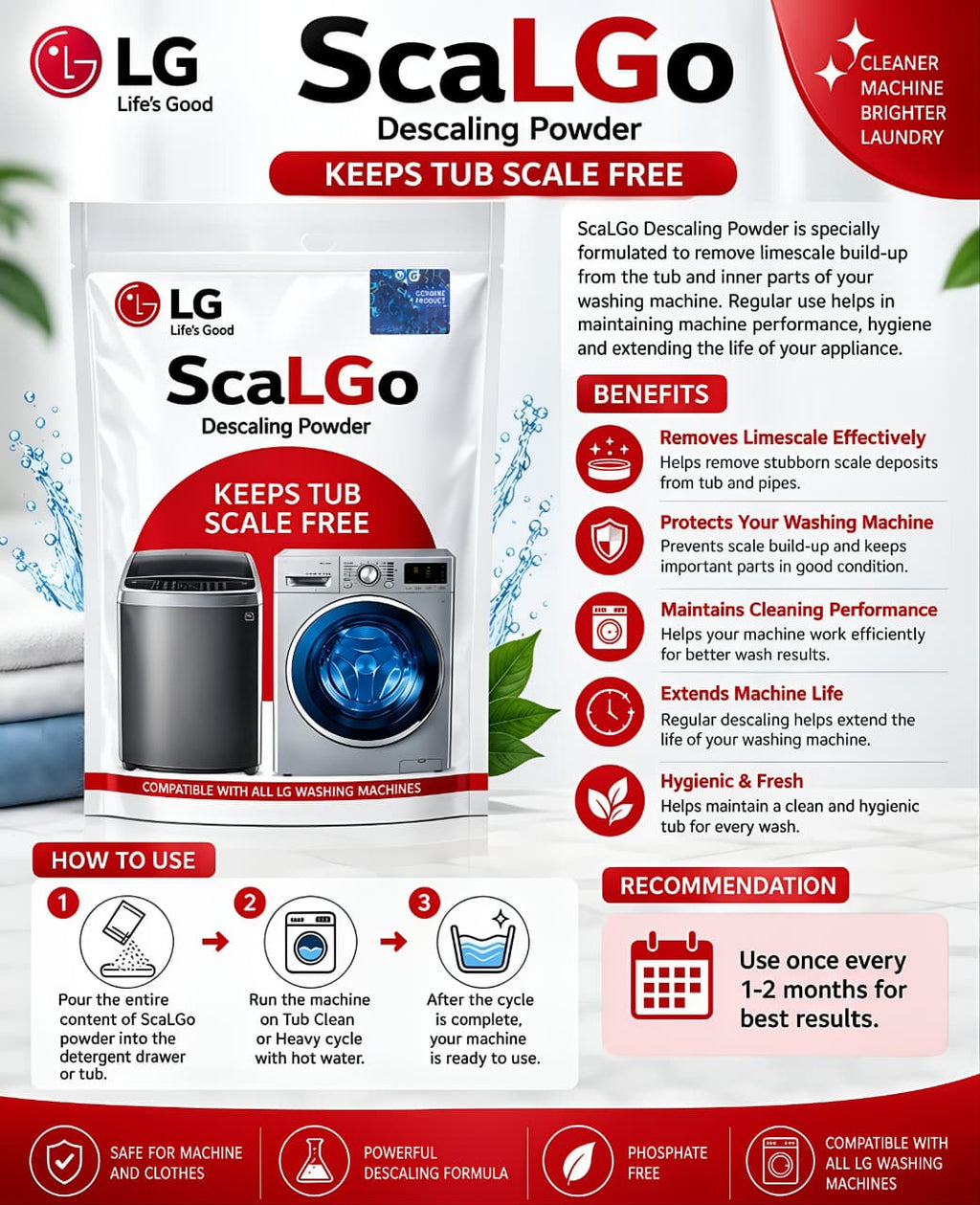LG ScaLGo Descaling Powder for Washing Machine | Limescale & Residue Remover pack of 7