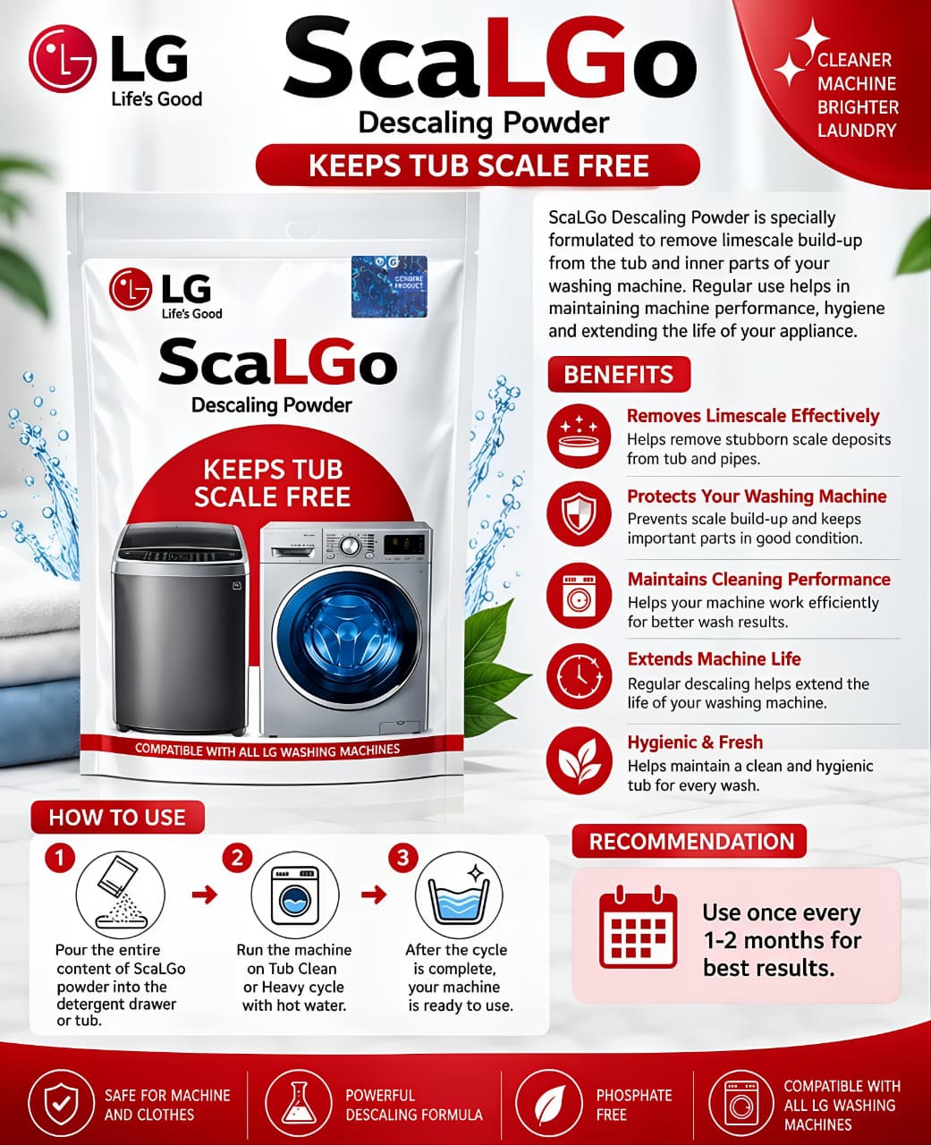 LG ScaLGo Descaling Powder for Washing Machine | Limescale & Residue Remover pack of 7