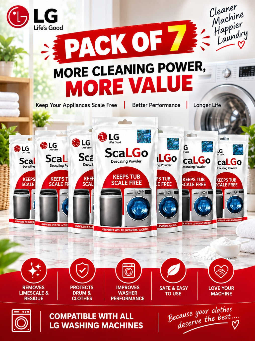 LG ScaLGo Descaling Powder for Washing Machine | Limescale & Residue Remover pack of 7