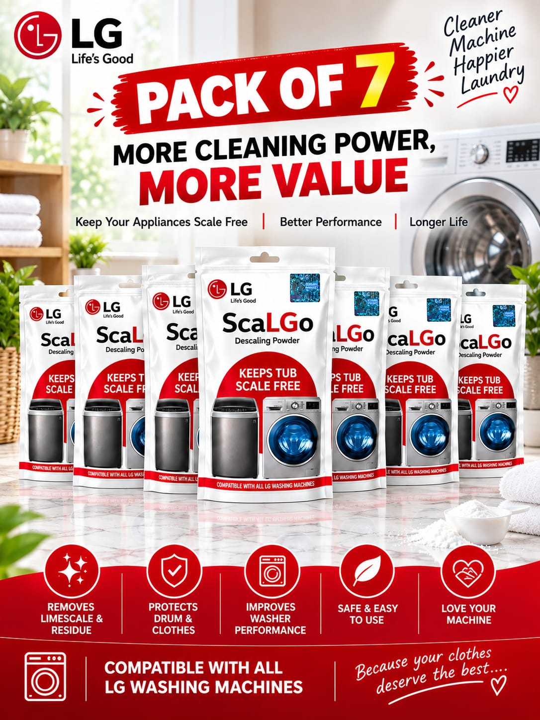 LG ScaLGo Descaling Powder for Washing Machine | Limescale & Residue Remover pack of 7
