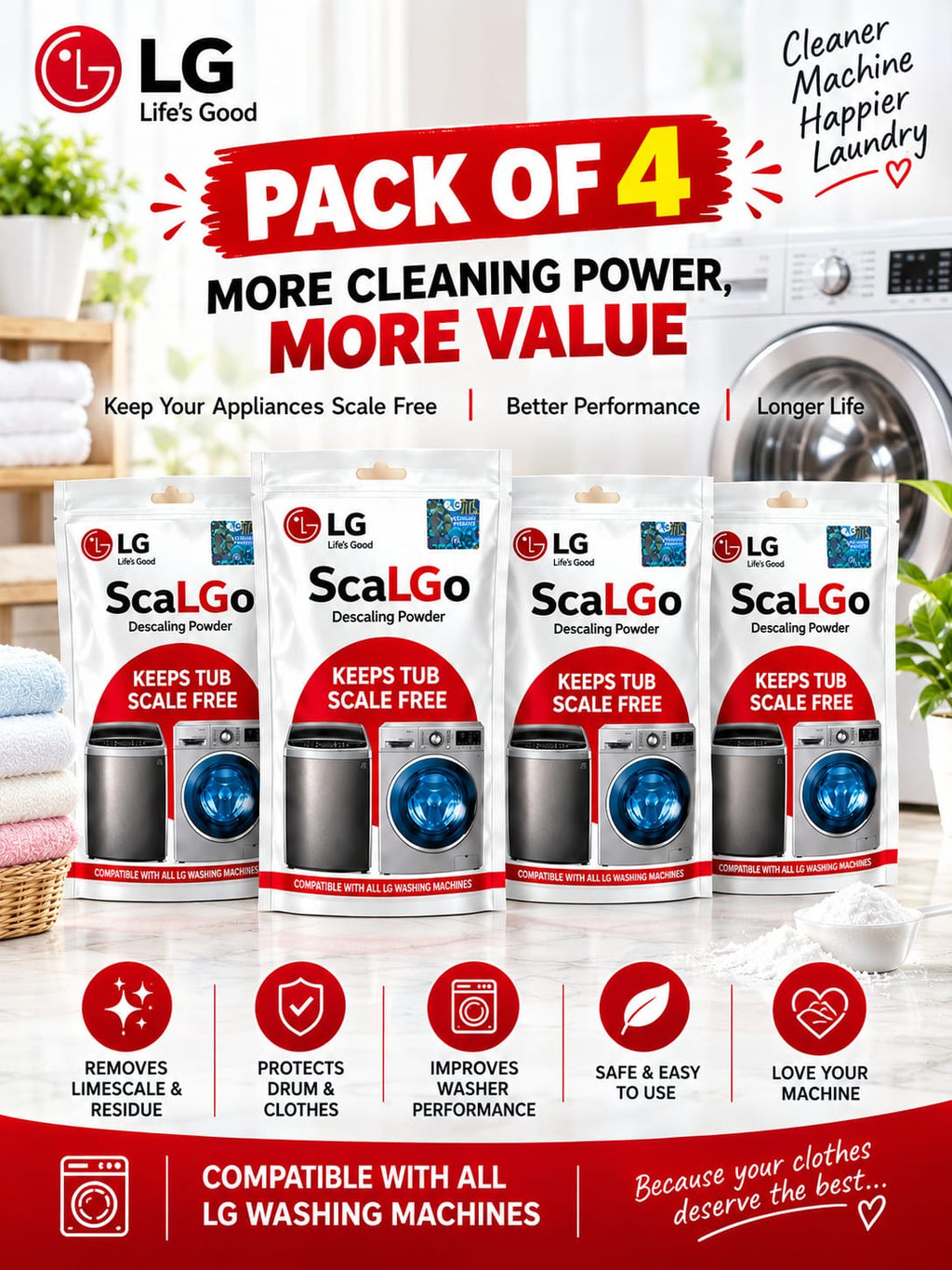 LG ScaLGo Descaling Powder for Washing Machine | Limescale & Residue Remover pack of 4